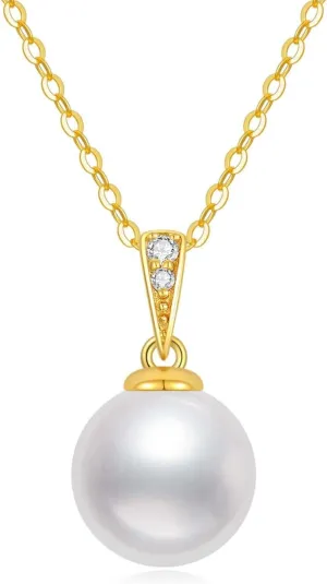 14K Gold Natural Diamond Pearl Necklace for Women,9mm White Freshwater Cultured Pearl Pendant, Single Floating Pearl Diamond Necklace Jewelry Gift for Women 18"