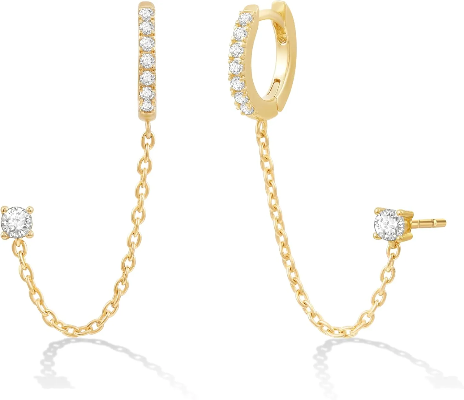 14K Gold or Platinum Plated Chained Stud & Huggies Earrings for Women with Cubic Zirconia