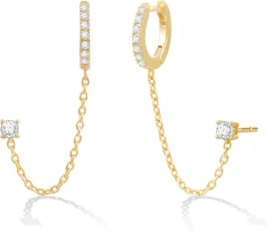 14K Gold or Platinum Plated Chained Stud & Huggies Earrings for Women with Cubic Zirconia