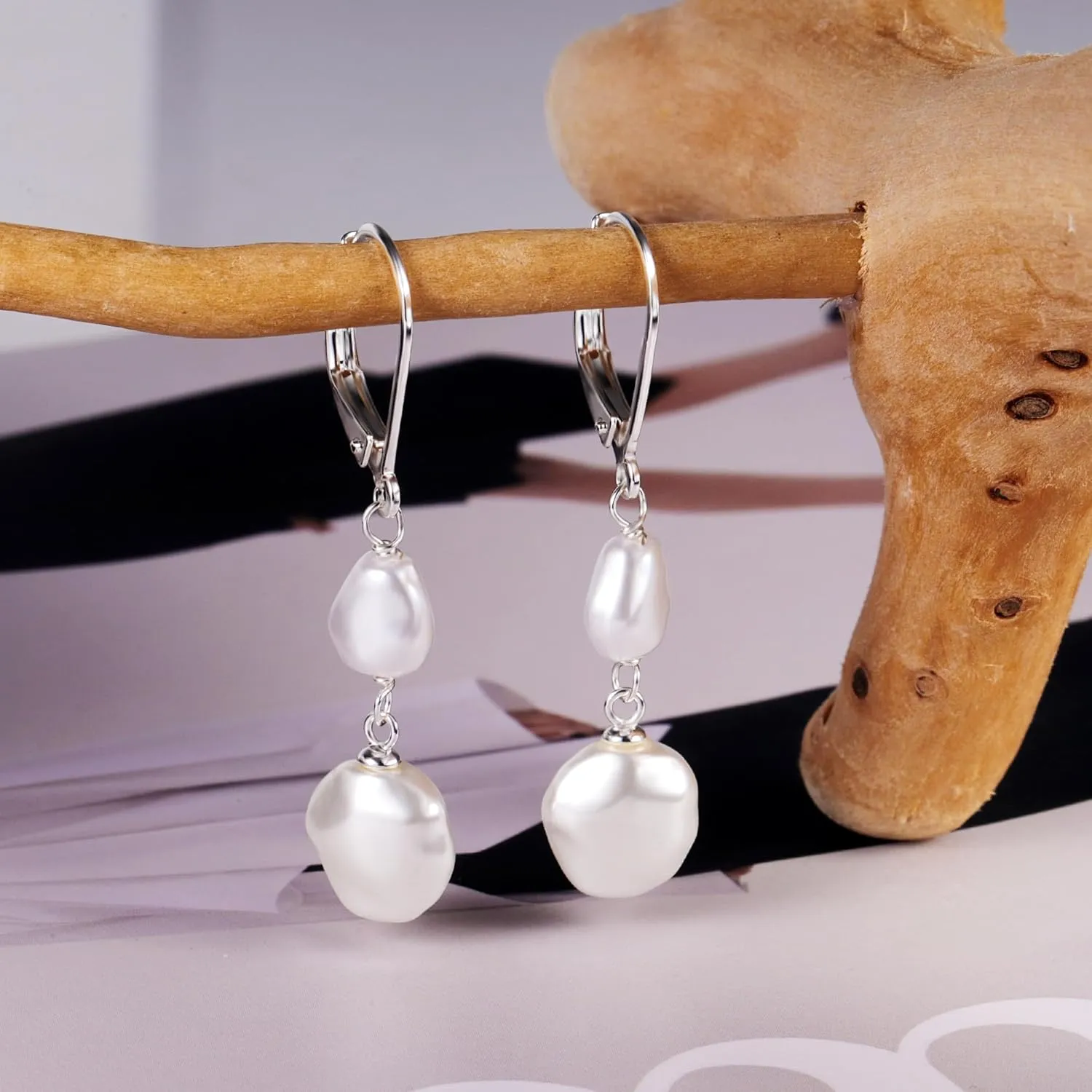 14K Gold Pearl Dangle Earrings for Women925 Sterling Silver Double Pearl Drop EarringsLeverback Irregular Pearl Hypoallergenic Earrings