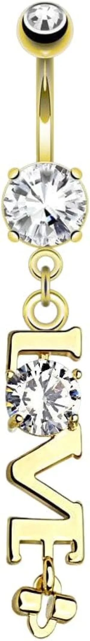 14K Gold Plated or Rose Gold 'Love' with Clear CZ Belly Navel Ring 14g 3/8' Gold Body Unique Jewelry Delicate Design Piercing Steel Surgical For Women