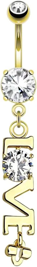 14K Gold Plated or Rose Gold 'Love' with Clear CZ Belly Navel Ring 14g 3/8' Gold Body Unique Jewelry Delicate Design Piercing Steel Surgical For Women