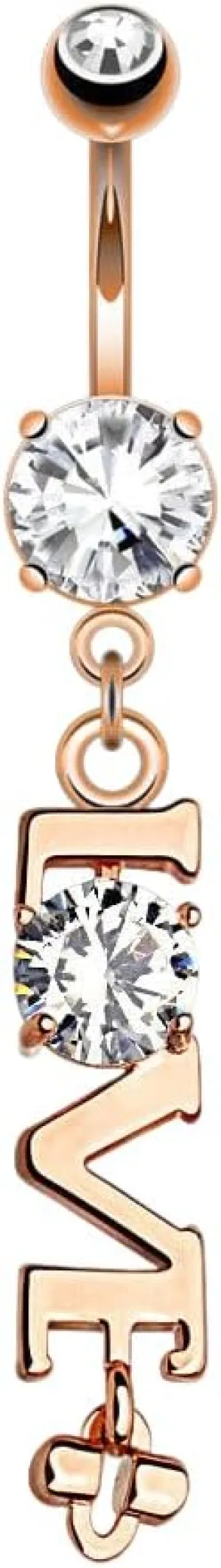 14K Gold Plated or Rose Gold 'Love' with Clear CZ Belly Navel Ring 14g 3/8' Rose Gold Body Unique Jewelry Delicate Design Piercing Steel Surgical For Women