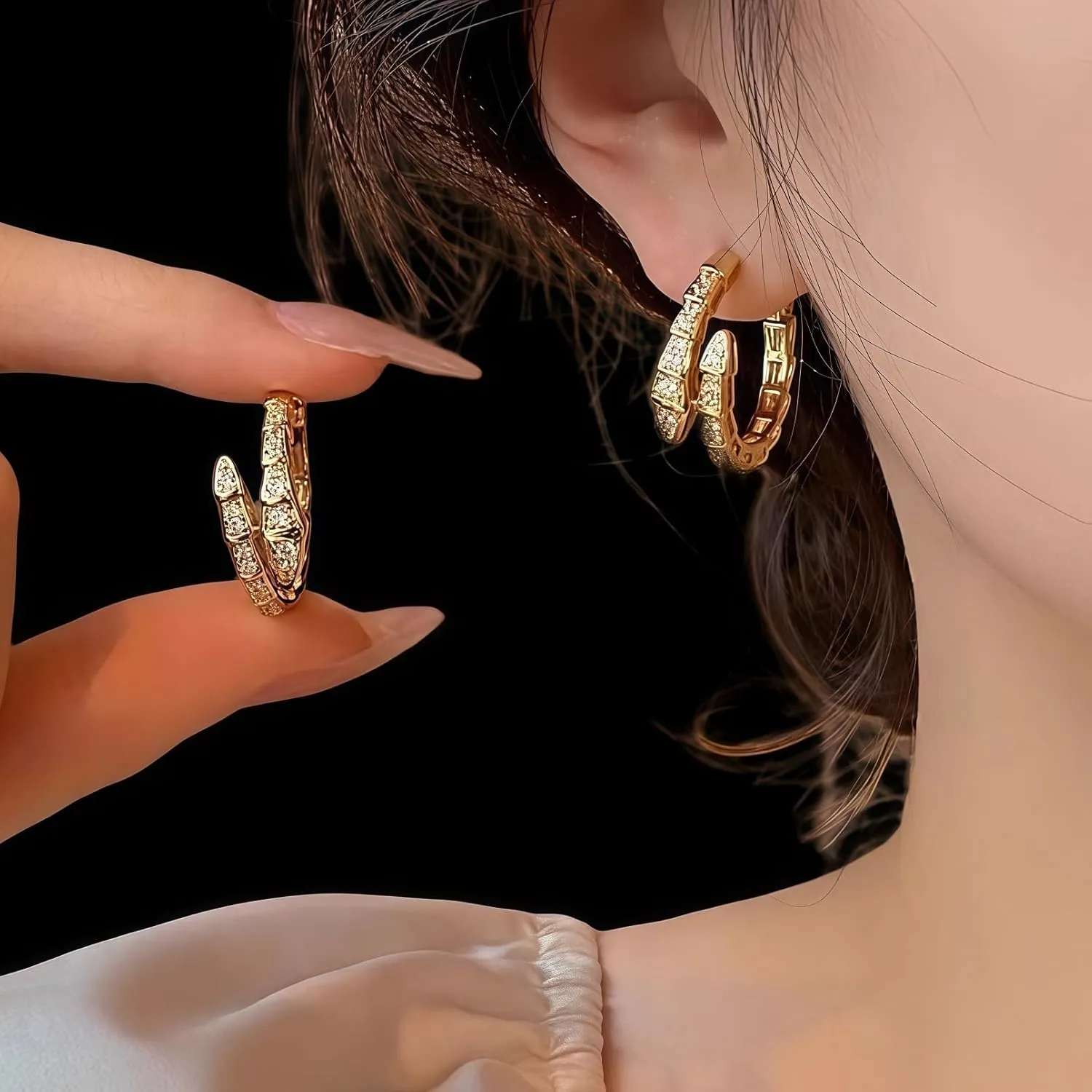 14K Gold Plated Snake Hoop Earrings with Green Crystal Eyes, Cobra Design Huggie Hoops, Vintage Style Jewelry Collection