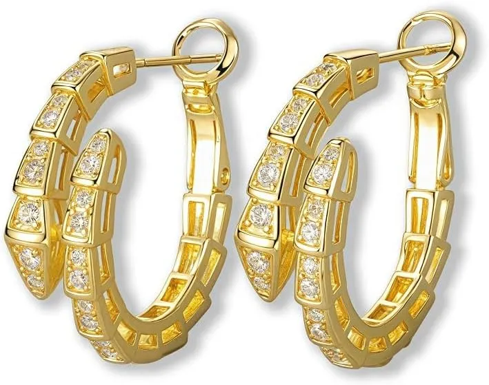 14K Gold Plated Snake Hoop Earrings with Green Crystal Eyes, Cobra Design Huggie Hoops, Vintage Style Jewelry Collection