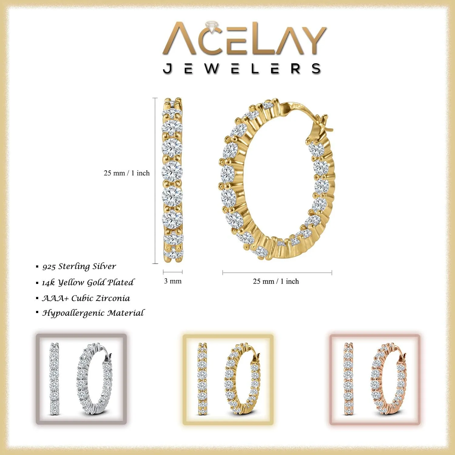 14k Gold Plated Sterling Silver Hoop Earrings For Women Filled With CZ Stones | Hypoallergenic Huggies Earring | 25mm silver earrings for women