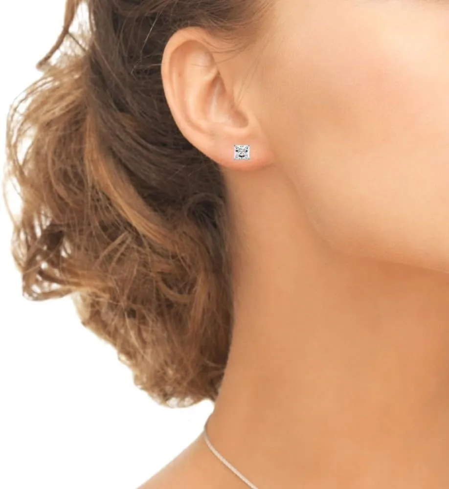 14K Gold Princess-cut Prong-set Stud Earrings set with AAA Cubic Zirconia Zirconia