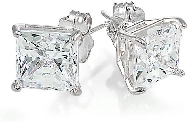 14K Gold Princess-cut Prong-set Stud Earrings set with AAA Cubic Zirconia Zirconia