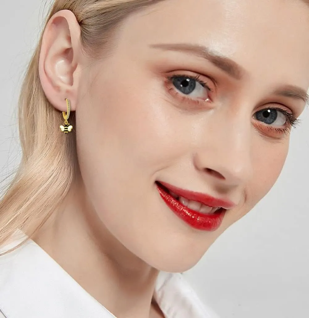 14K Golden Plated Cute Cat Dangle Small Hoop Earrings for Women Teen Girls Cubic Zirconia Honeybee Bee Mermaid Fish Tail Pet Cat Charm Drop Huggie Hoops Cartilage Earring Delicate Jewelry Gifts Christmas Birthday
