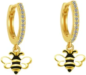 14K Golden Plated Cute Cat Dangle Small Hoop Earrings for Women Teen Girls Cubic Zirconia Honeybee Bee Mermaid Fish Tail Pet Cat Charm Drop Huggie Hoops Cartilage Earring Delicate Jewelry Gifts Christmas Birthday