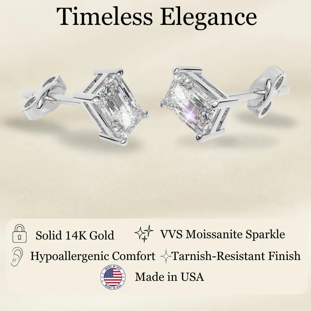 14K Solid Gold Lab Grown Moissanite Emerald Cut Solitaire Stud Earrings | 1.5 or 4.0 CTW | Screw Back or Push Back Posts | Made in USA | By Adora Fine Jewelry