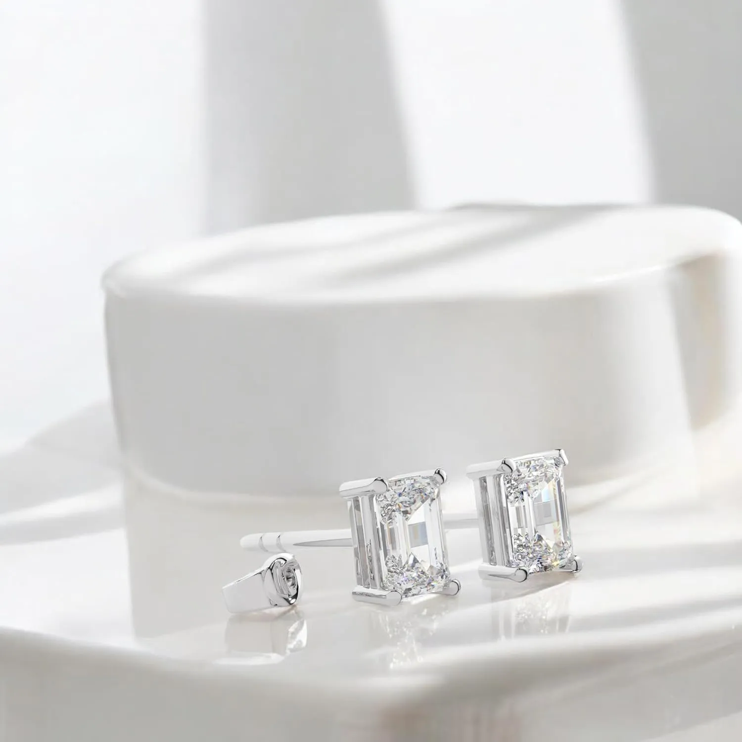 14K Solid Gold Lab Grown Moissanite Emerald Cut Solitaire Stud Earrings | 1.5 or 4.0 CTW | Screw Back or Push Back Posts | Made in USA | By Adora Fine Jewelry