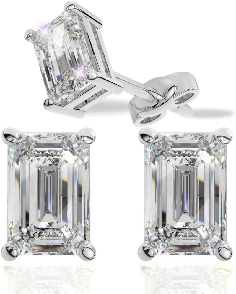 14K Solid Gold Lab Grown Moissanite Emerald Cut Solitaire Stud Earrings | 1.5 or 4.0 CTW | Screw Back or Push Back Posts | Made in USA | By Adora Fine Jewelry