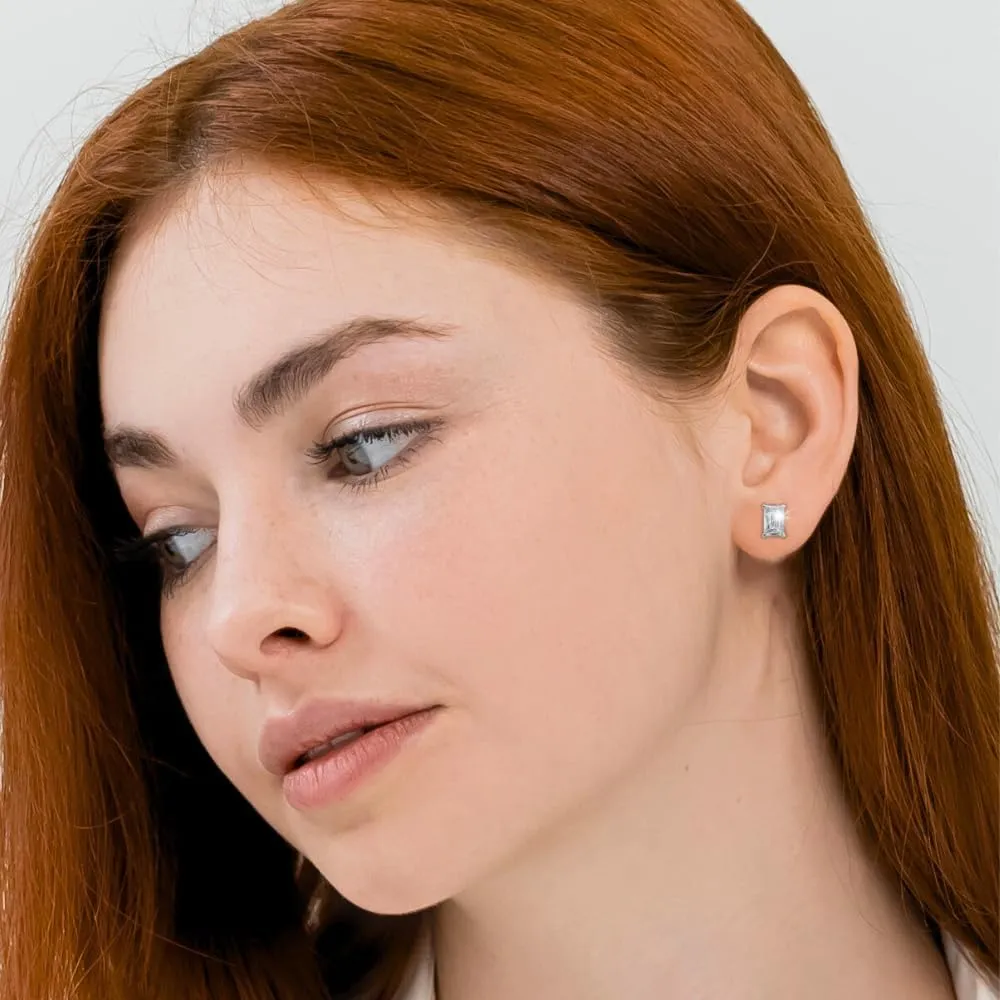 14K Solid Gold Lab Grown Moissanite Emerald Cut Solitaire Stud Earrings | 1.5 or 4.0 CTW | Screw Back or Push Back Posts | Made in USA | By Adora Fine Jewelry