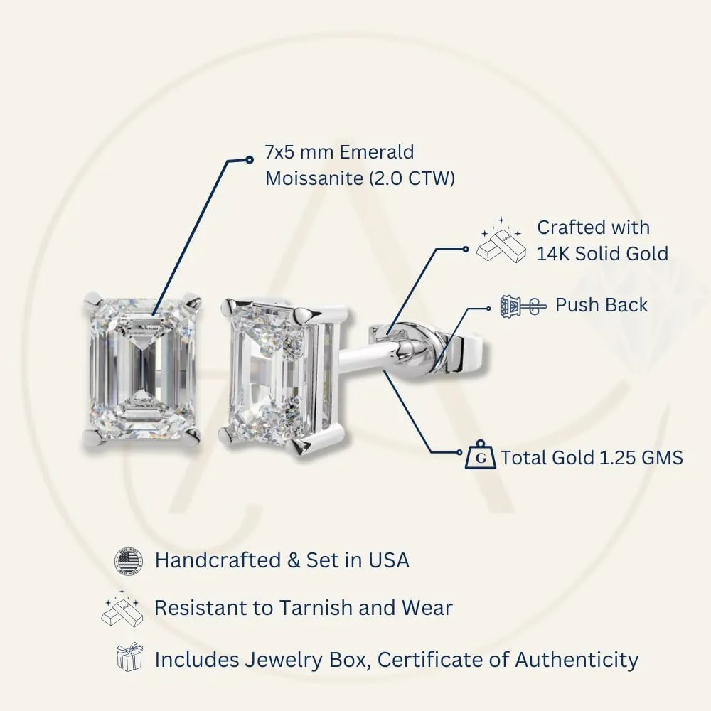 14K Solid Gold Lab Grown Moissanite Emerald Cut Solitaire Stud Earrings | 1.5 or 4.0 CTW | Screw Back or Push Back Posts | Made in USA | By Adora Fine Jewelry