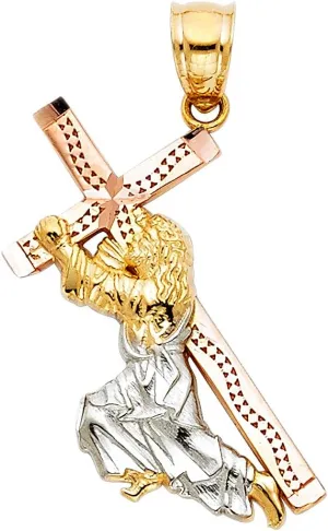 14K Tri-Color Gold Jesus Carrying Cross Pendant - Highly Polished Fine Jewelry - Religious Based Cross Charm - for Men & Women 25 x 20 mm,1.5 grams
