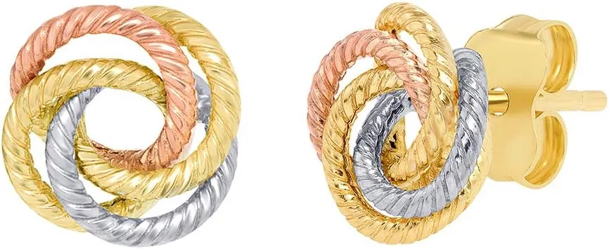 14K Tri-Color Gold Twisted Love Knot Stud Rope Earrings, 9mm
