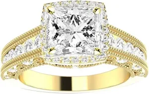 14K White Gold 2.75 Carat LAB GROWN DIAMOND Vintage Halo Style Channel Set Round Brilliant Cushion Cut Diamond Engagement Ring Milgrain (E-F Color VS2-SI1 Clarity 2 Ct Center)