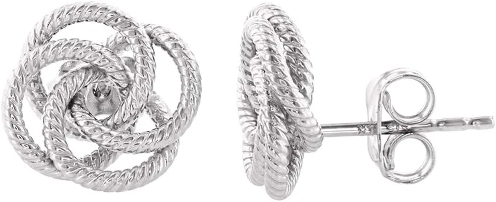 14K White Gold Twisted Love Knot Stud Rope Earrings, 11mm