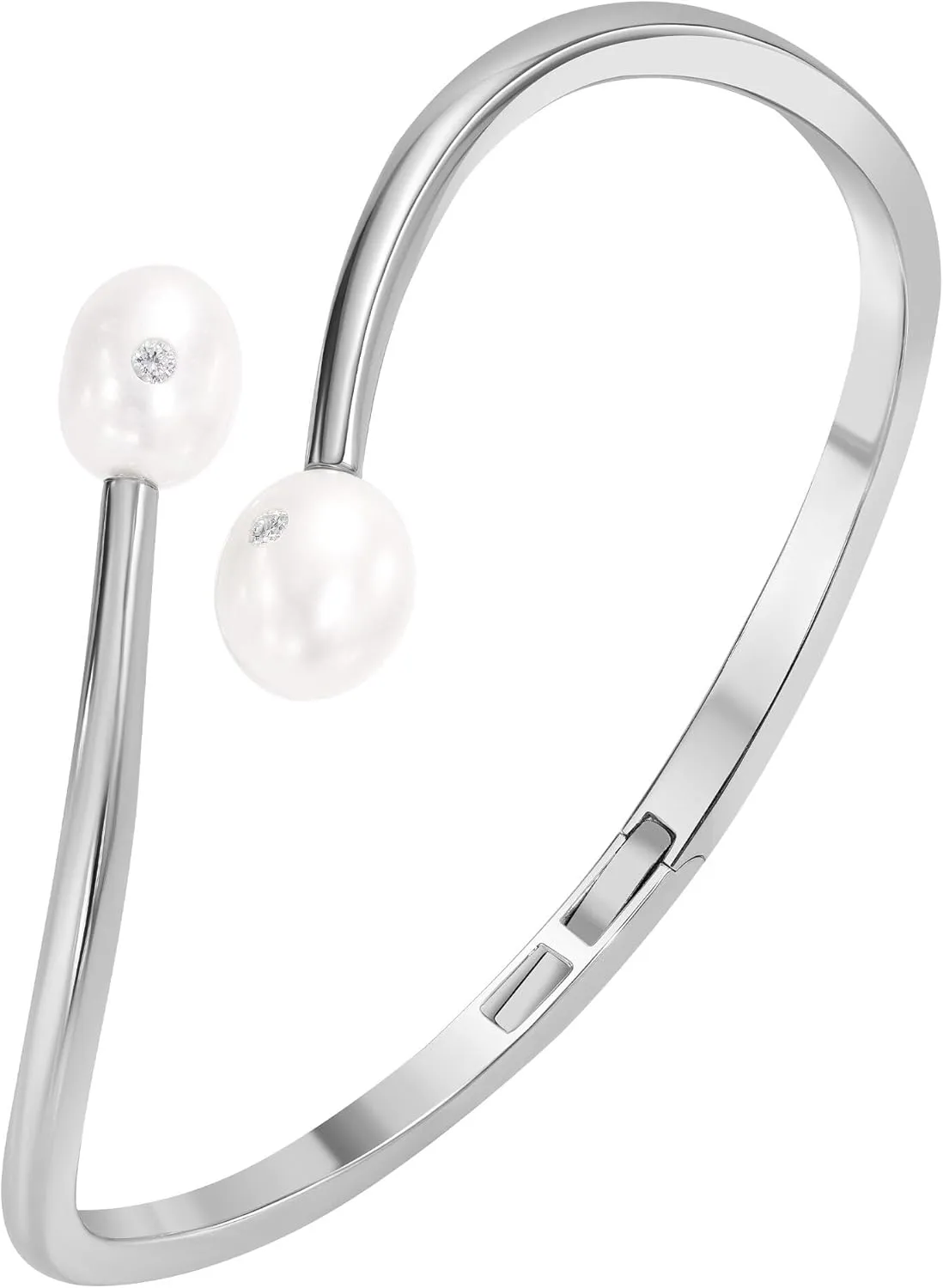 14K White/Yellow Gold Plated Silver Bracelet With 10mm Freshwater Cultured Pearl and 0.02 TCW Lab Grown Diamond Round Brilliant Shape, Bracelet For Women, Gift For Her Jewelry For Women