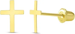 14k Yellow Gold Dainty Christian Mini Cross Stud Earrings with Screw Back