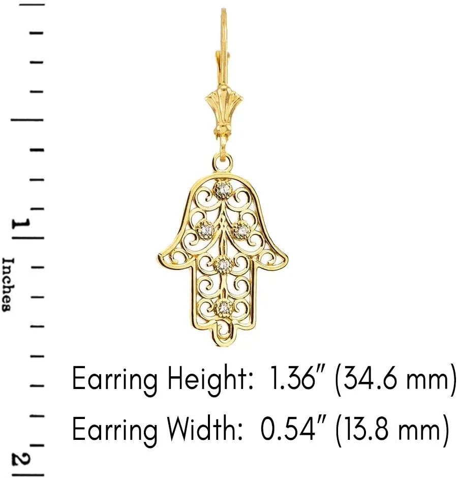14k Yellow Gold Hamsa Hand Diamond Pendant Necklace and Earrings Set