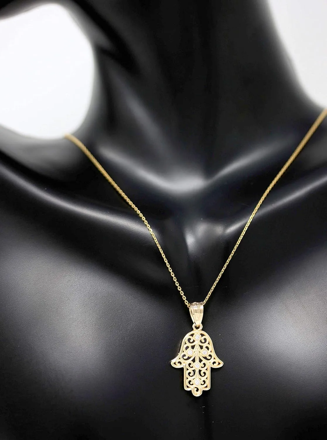 14k Yellow Gold Hamsa Hand Diamond Pendant Necklace and Earrings Set