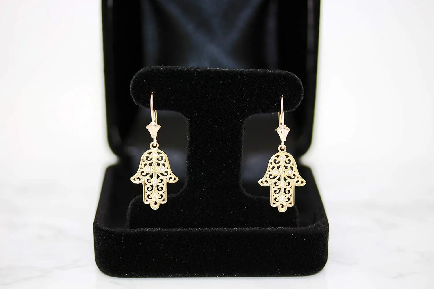 14k Yellow Gold Hamsa Hand Diamond Pendant Necklace and Earrings Set