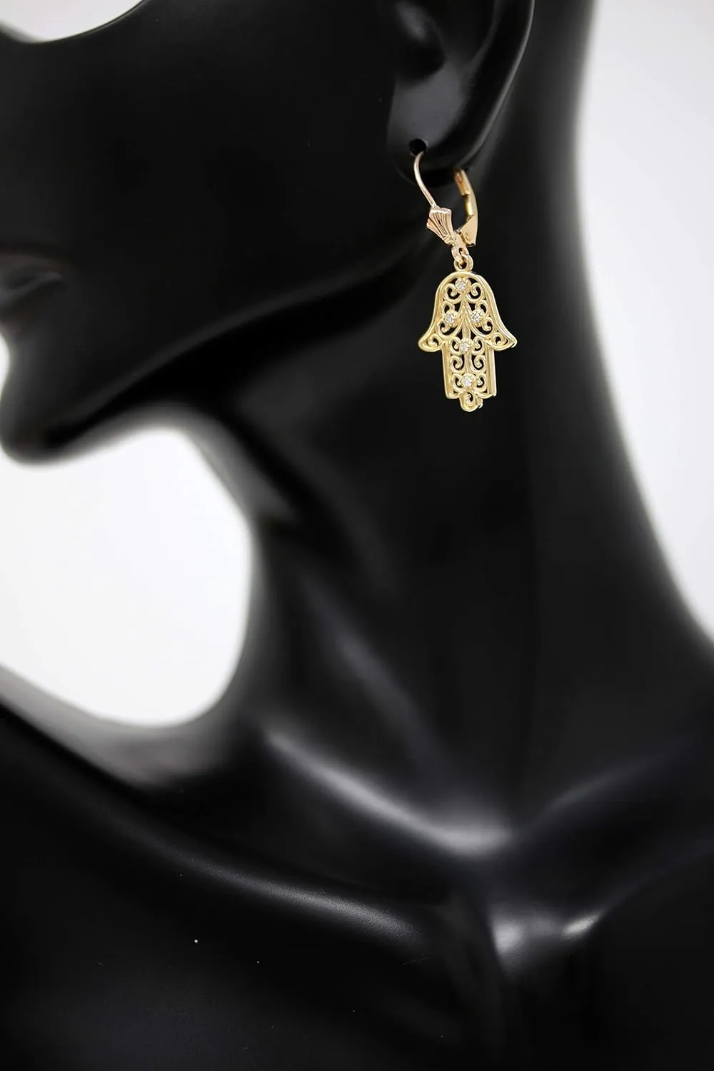 14k Yellow Gold Hamsa Hand Diamond Pendant Necklace and Earrings Set