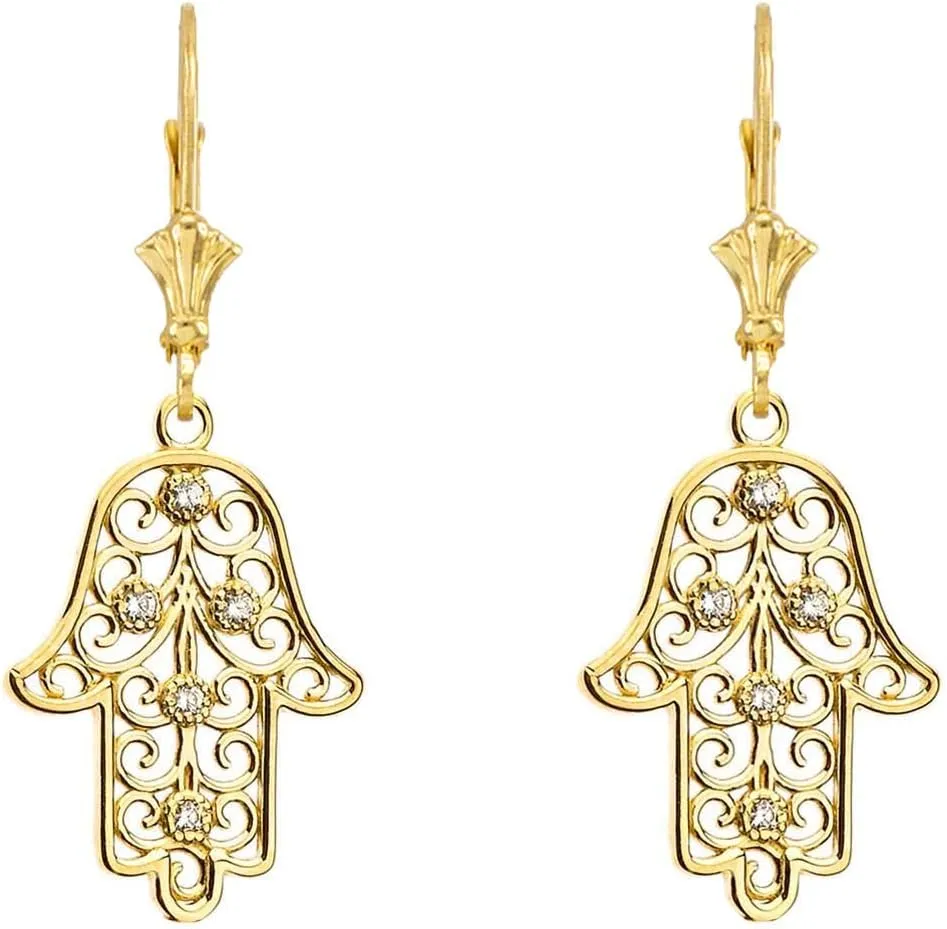 14k Yellow Gold Hamsa Hand Diamond Pendant Necklace and Earrings Set