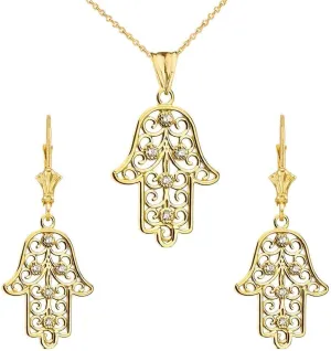 14k Yellow Gold Hamsa Hand Diamond Pendant Necklace and Earrings Set
