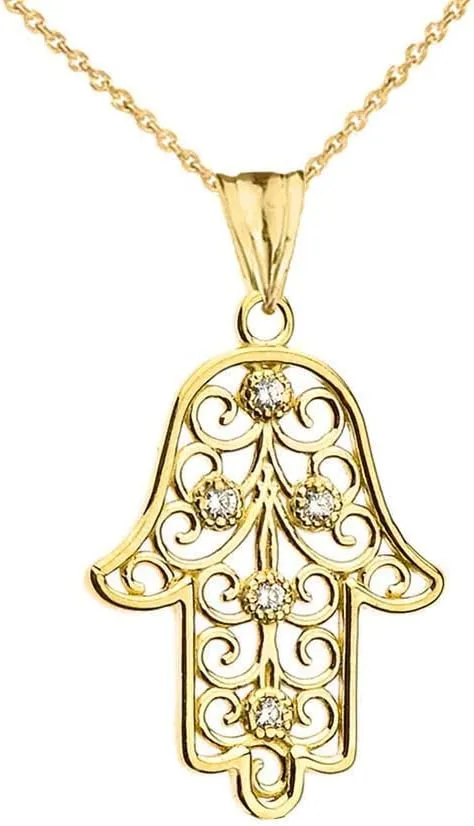 14k Yellow Gold Hamsa Hand Diamond Pendant Necklace and Earrings Set