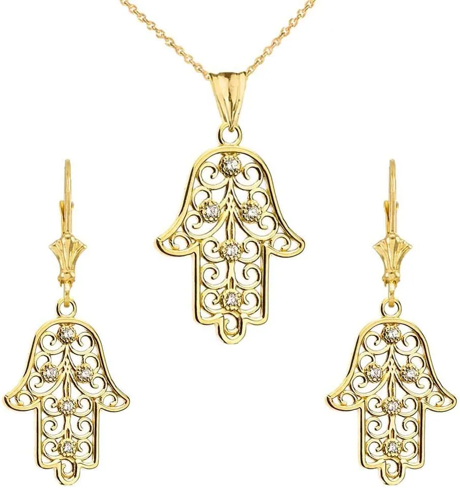 14k Yellow Gold Hamsa Hand Diamond Pendant Necklace and Earrings Set