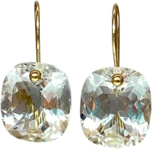 14K Yellow Gold Rock Crystal Drop Earrings, Cushion Cut, Transparent Stone Solid Gold Jewelry