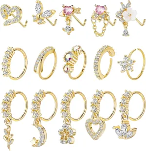 15PCS 20G 316L Stainless Steel Dangle Nose Rings Hoop for Women L Shape Nose Stud CZ Heart Flower Butterfly Nose Rings Piercing Jewelry