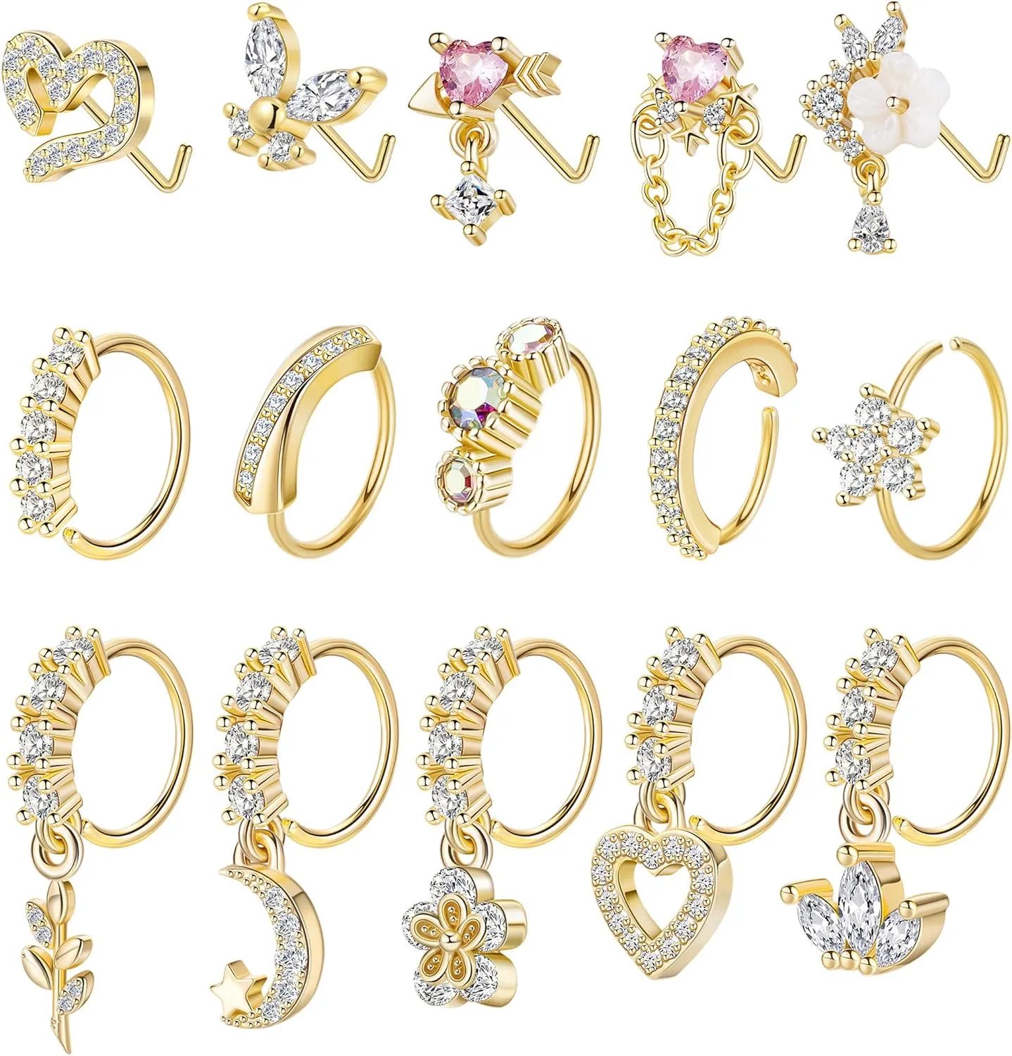 15PCS 20G 316L Stainless Steel Dangle Nose Rings Hoop for Women L Shape Nose Stud CZ Heart Flower Butterfly Nose Rings Piercing Jewelry