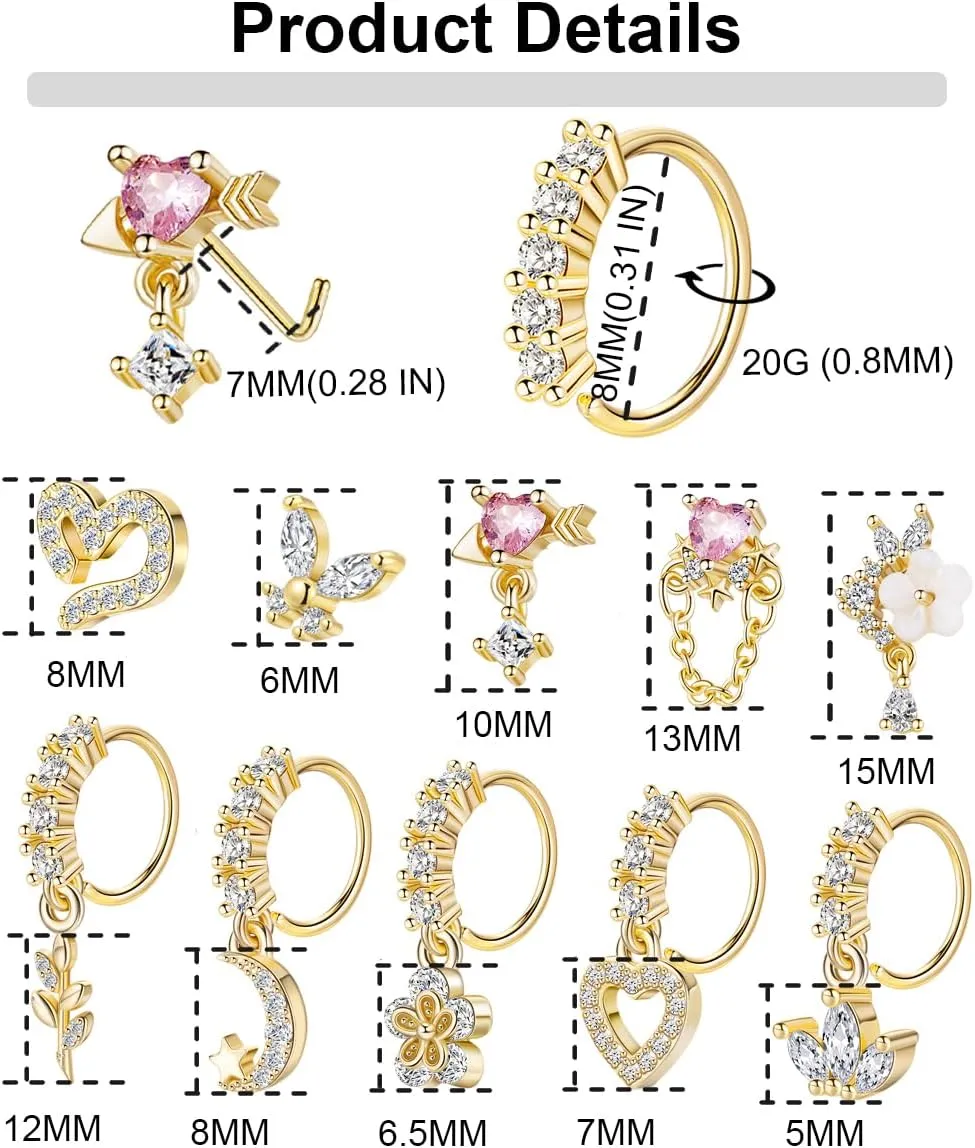 15PCS 20G 316L Stainless Steel Dangle Nose Rings Hoop for Women L Shape Nose Stud CZ Heart Flower Butterfly Nose Rings Piercing Jewelry