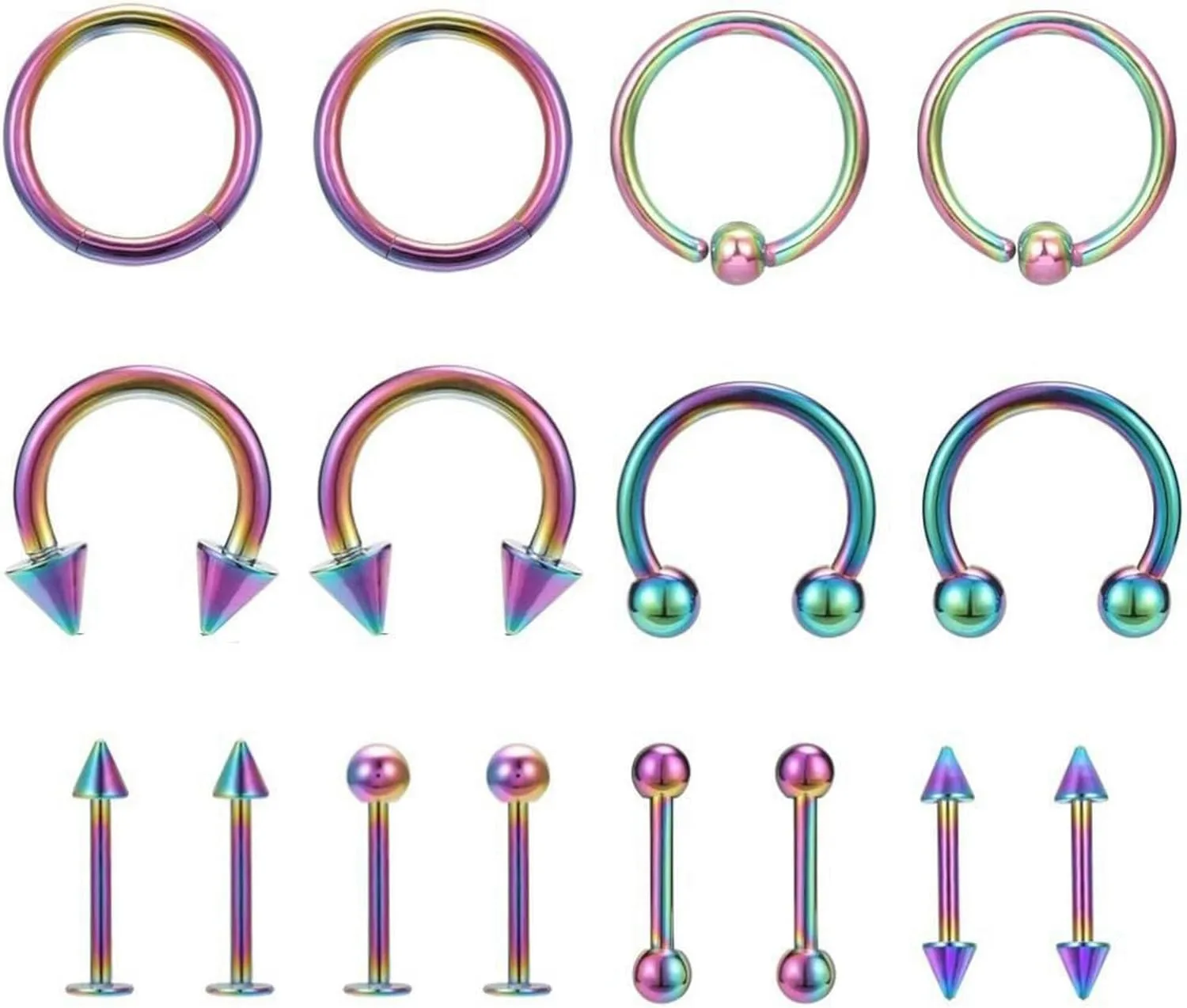16 Pcs/lot Stainless Steel Nose Rings 14/16G Ear Labret Tongue Eyebrow Piercings-Multicolor-10mm