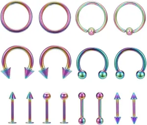 16 Pcs/lot Stainless Steel Nose Rings 14/16G Ear Labret Tongue Eyebrow Piercings-Multicolor-10mm