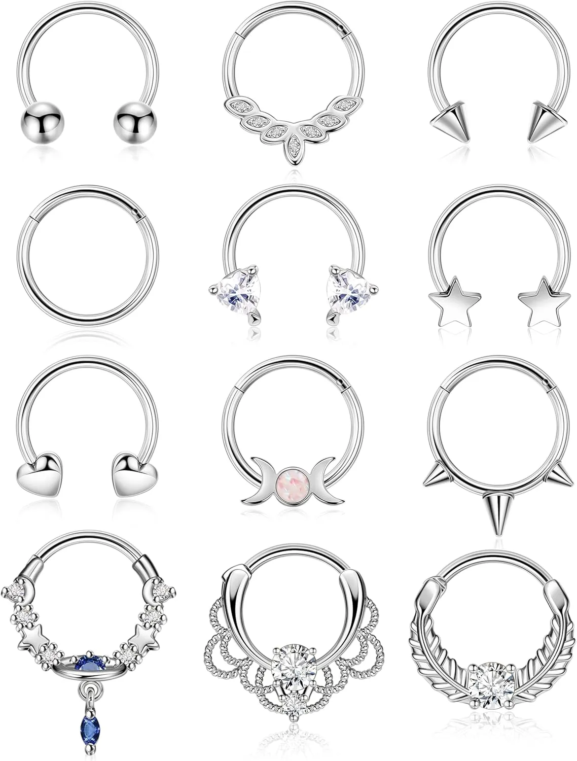 16G 12Pcs 316L Stainless Steel Septum Rings for Women Men Horseshoe Nose Ring Septum Cartilage Helix Tragus Hoop Hinged Segment Clicker Ring Cute Star Heart Daith Conch Piercing Jewelry