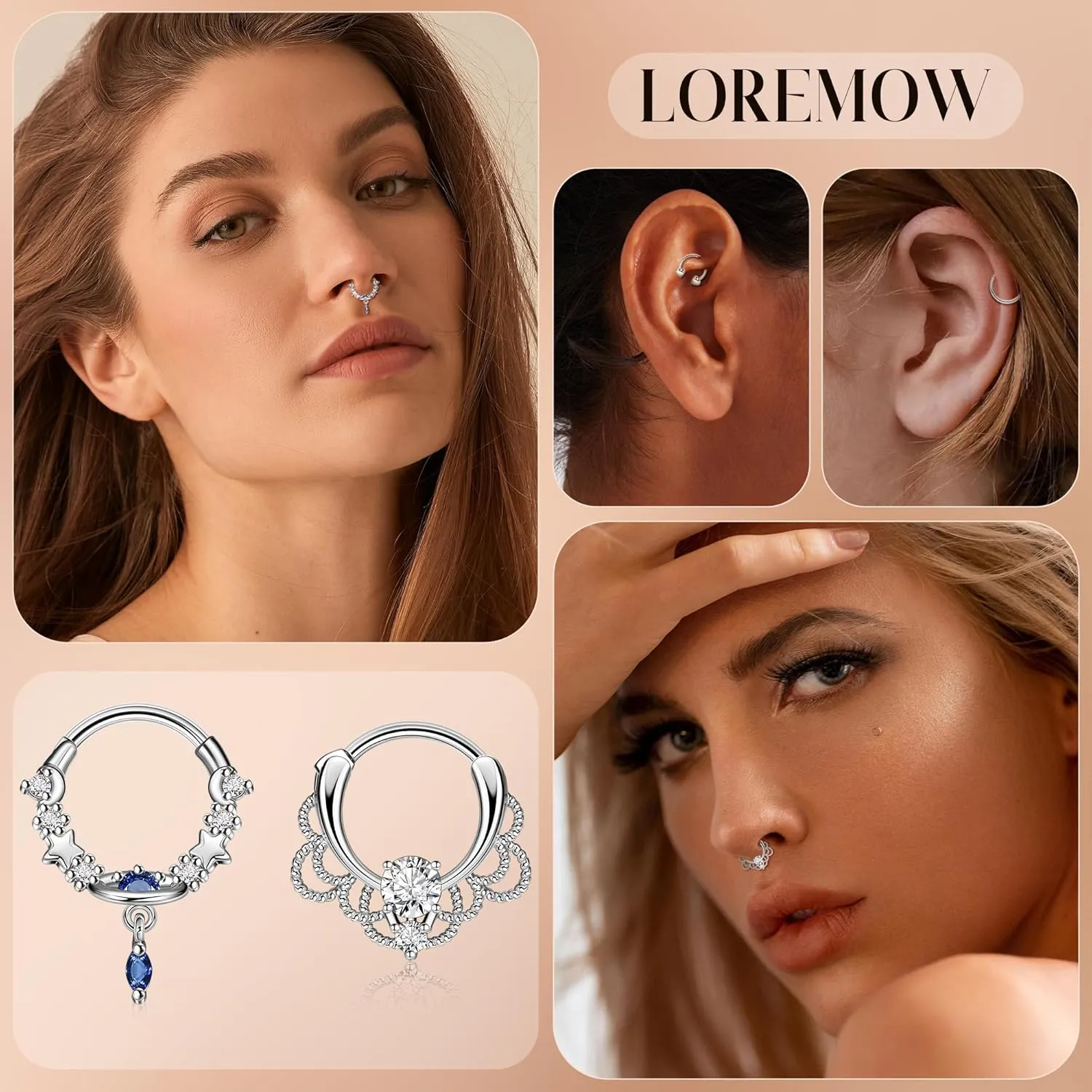 16G 12Pcs 316L Stainless Steel Septum Rings for Women Men Horseshoe Nose Ring Septum Cartilage Helix Tragus Hoop Hinged Segment Clicker Ring Cute Star Heart Daith Conch Piercing Jewelry