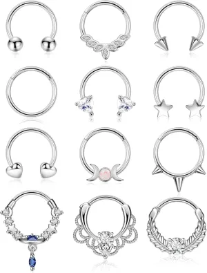 16G 12Pcs 316L Stainless Steel Septum Rings for Women Men Horseshoe Nose Ring Septum Cartilage Helix Tragus Hoop Hinged Segment Clicker Ring Cute Star Heart Daith Conch Piercing Jewelry