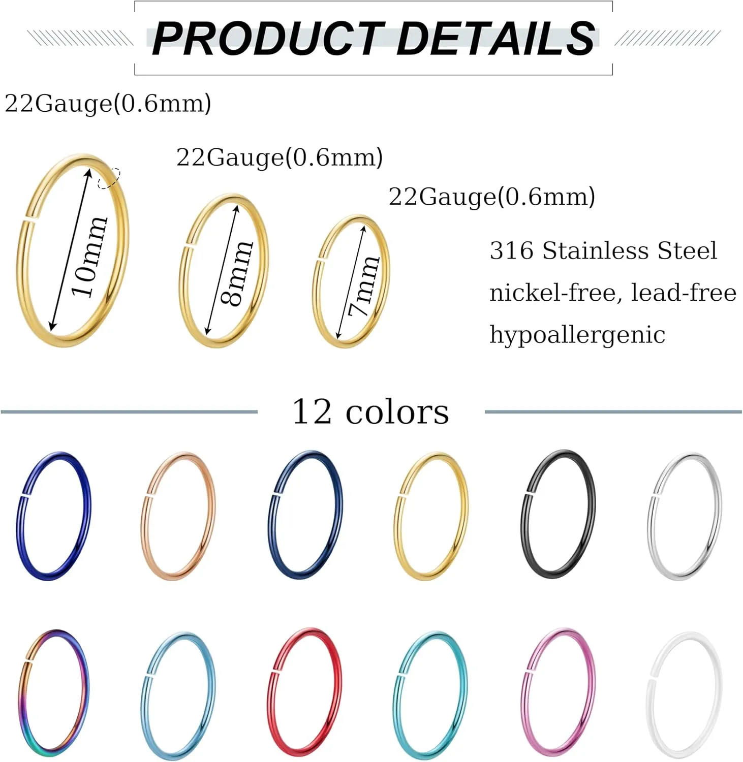 18G 20G 22G Stainless Steel Nose Rings Hoops for Women Men Cartilage Helix Earring Hoops Lip Rings Nose Piercing Jewelry