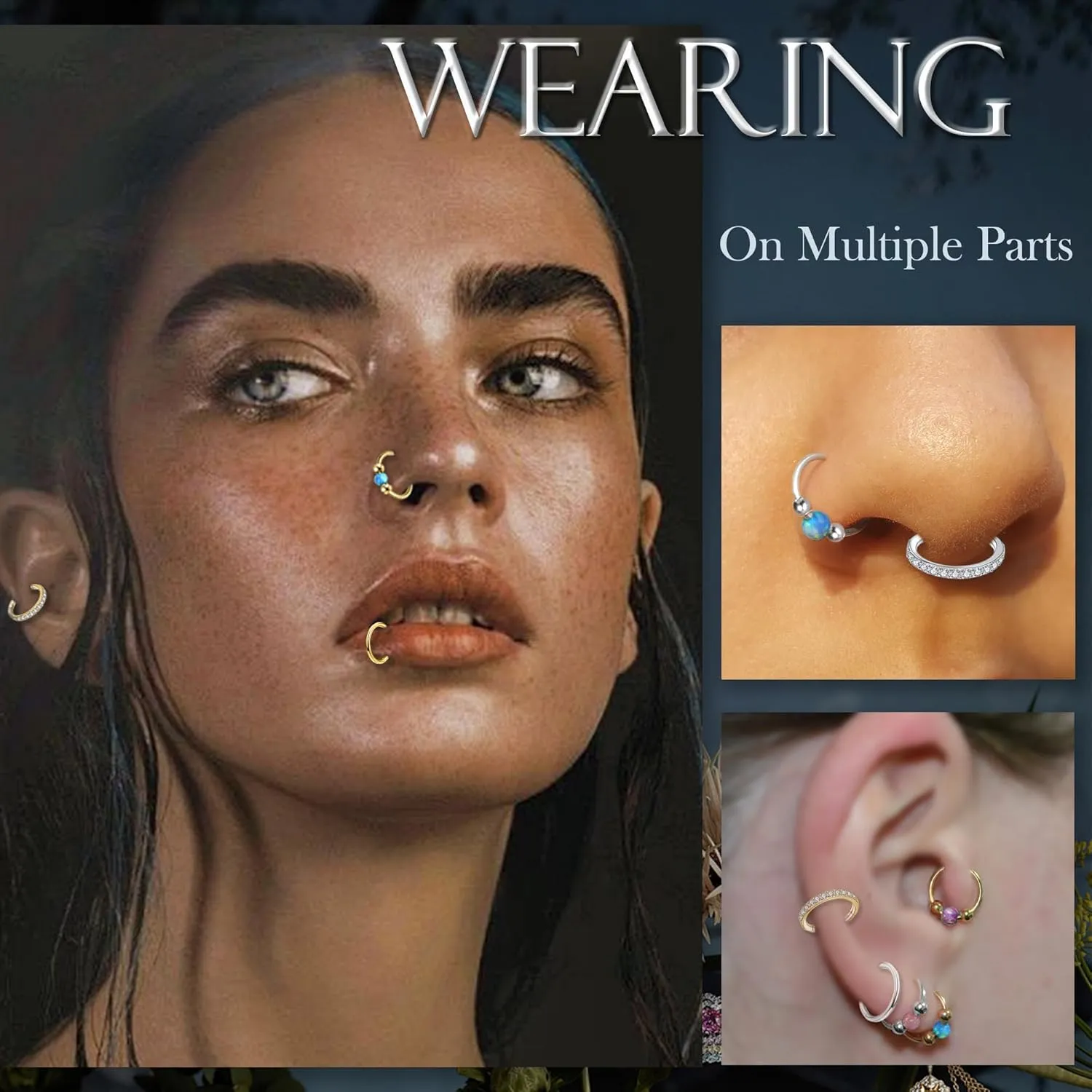 18G 3PCS Nose Rings Hoops 316L Surgical Steel Opalite Nose Rings for Women Clear CZ Nose Rings Hoop 8mm/10mm Septum Rings Clicker for Cartilage Daith Helix Tragus Conch Piercing Jewelry