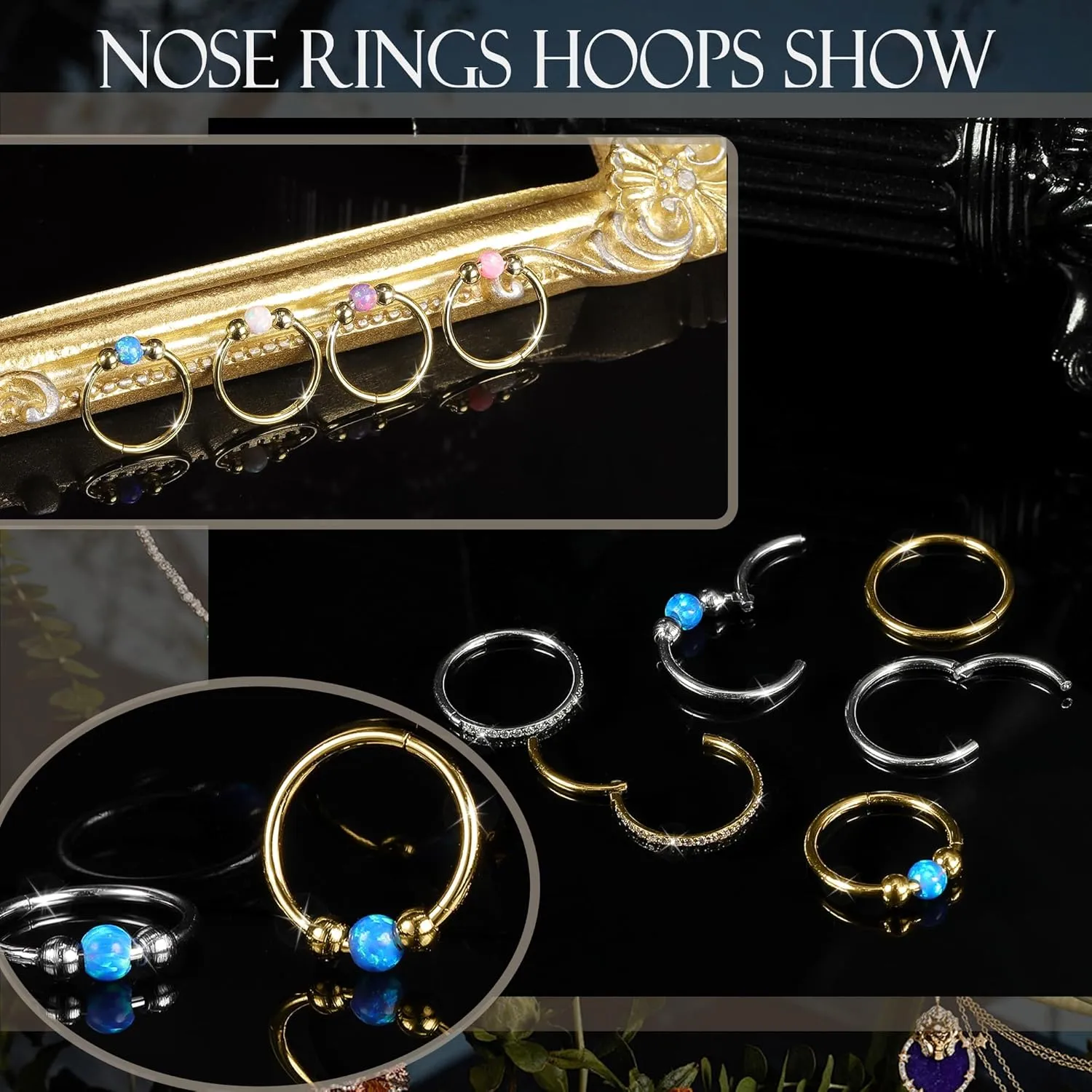 18G 3PCS Nose Rings Hoops 316L Surgical Steel Opalite Nose Rings for Women Clear CZ Nose Rings Hoop 8mm/10mm Septum Rings Clicker for Cartilage Daith Helix Tragus Conch Piercing Jewelry