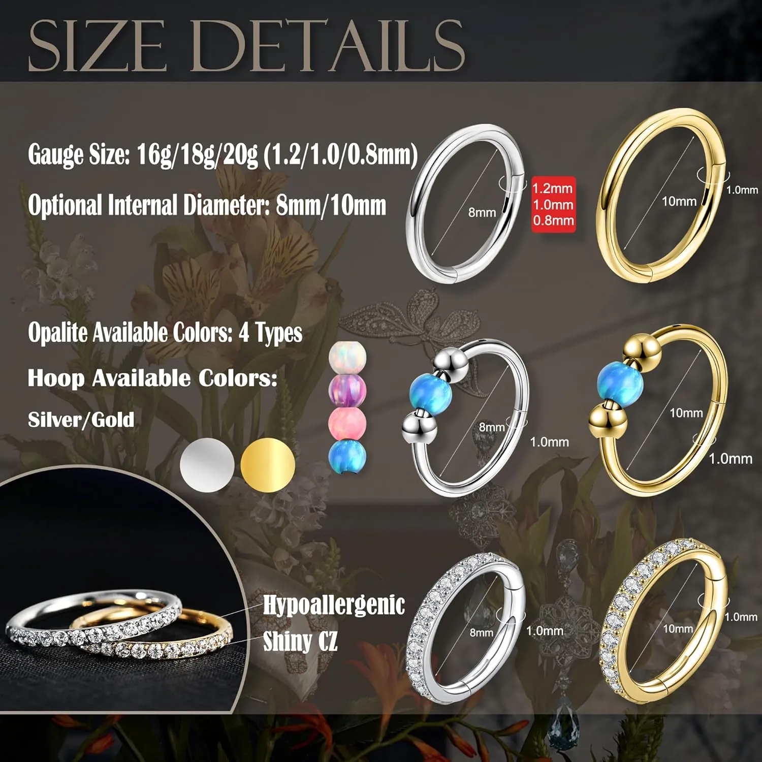 18G 3PCS Nose Rings Hoops 316L Surgical Steel Opalite Nose Rings for Women Clear CZ Nose Rings Hoop 8mm/10mm Septum Rings Clicker for Cartilage Daith Helix Tragus Conch Piercing Jewelry