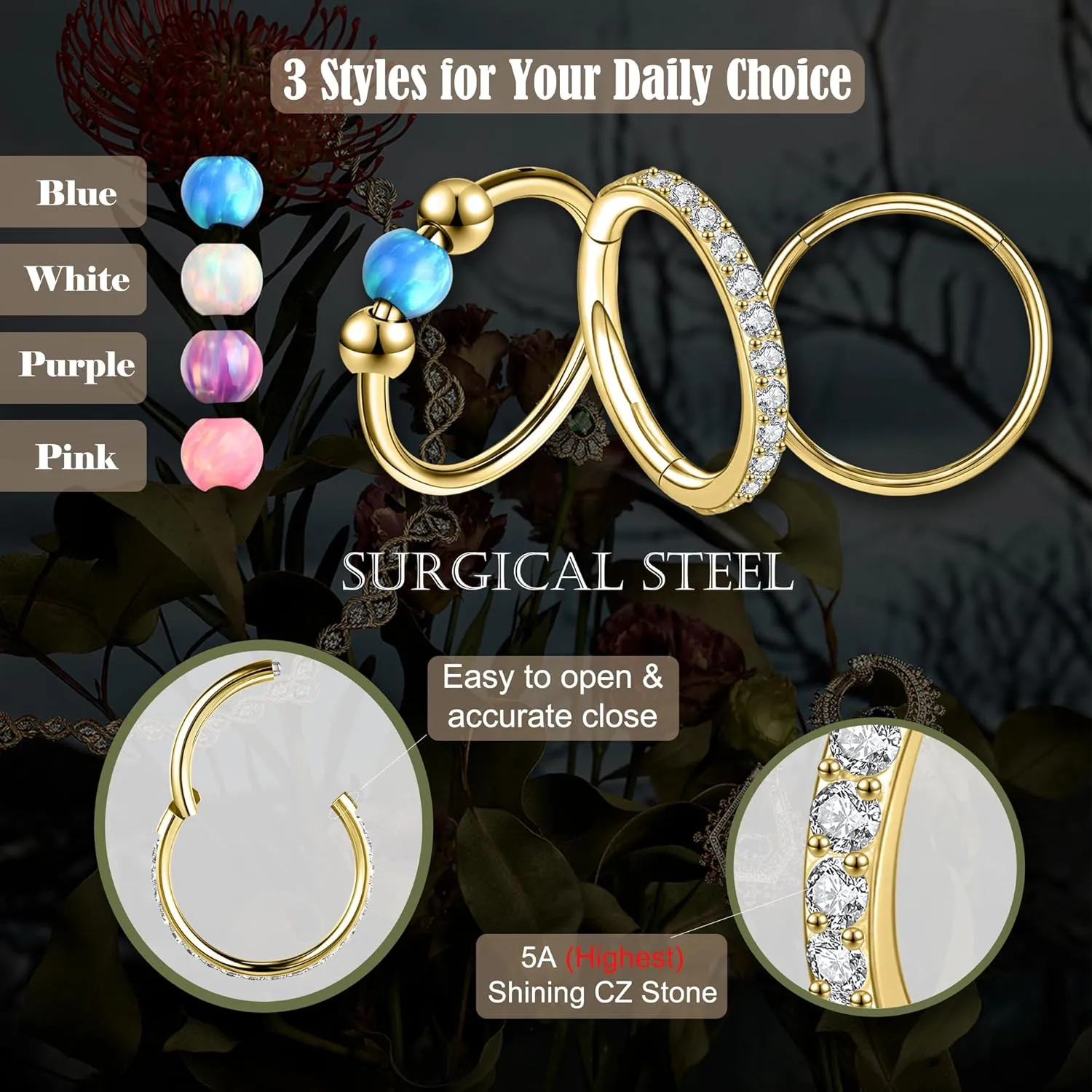 18G 3PCS Nose Rings Hoops 316L Surgical Steel Opalite Nose Rings for Women Clear CZ Nose Rings Hoop 8mm/10mm Septum Rings Clicker for Cartilage Daith Helix Tragus Conch Piercing Jewelry