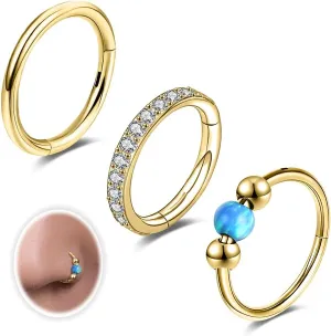 18G 3PCS Nose Rings Hoops 316L Surgical Steel Opalite Nose Rings for Women Clear CZ Nose Rings Hoop 8mm/10mm Septum Rings Clicker for Cartilage Daith Helix Tragus Conch Piercing Jewelry