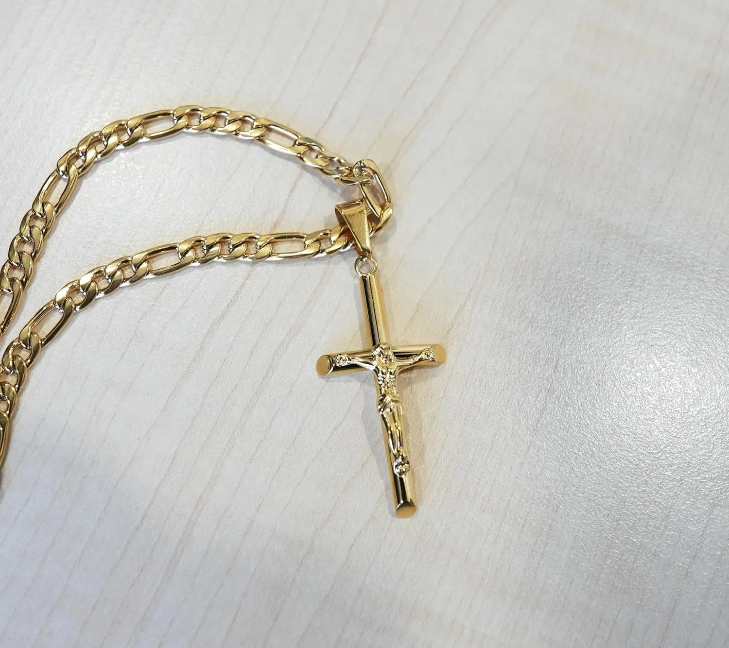 18K Gold Crucifix Cross Chain Style Small Cross Pendant Necklace 5MM Cross Necklace Clasp for Men, Women, Husband, Wife Thin for Charms Cuban Link Diamond Cut Religious Gift