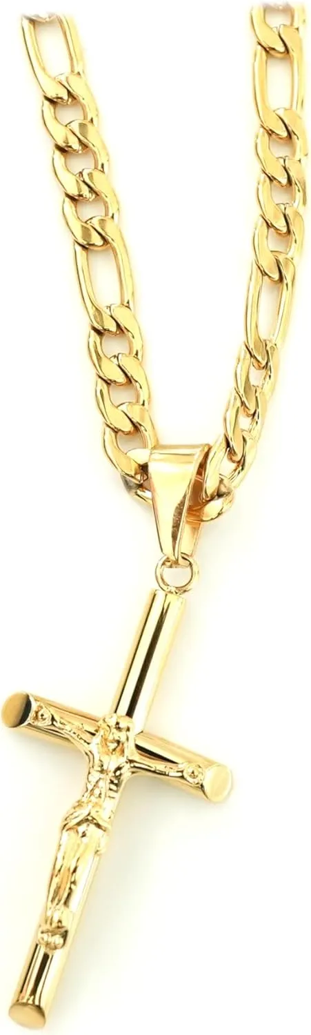 18K Gold Crucifix Cross Chain Style Small Cross Pendant Necklace 5MM Cross Necklace Clasp for Men, Women, Husband, Wife Thin for Charms Cuban Link Diamond Cut Religious Gift